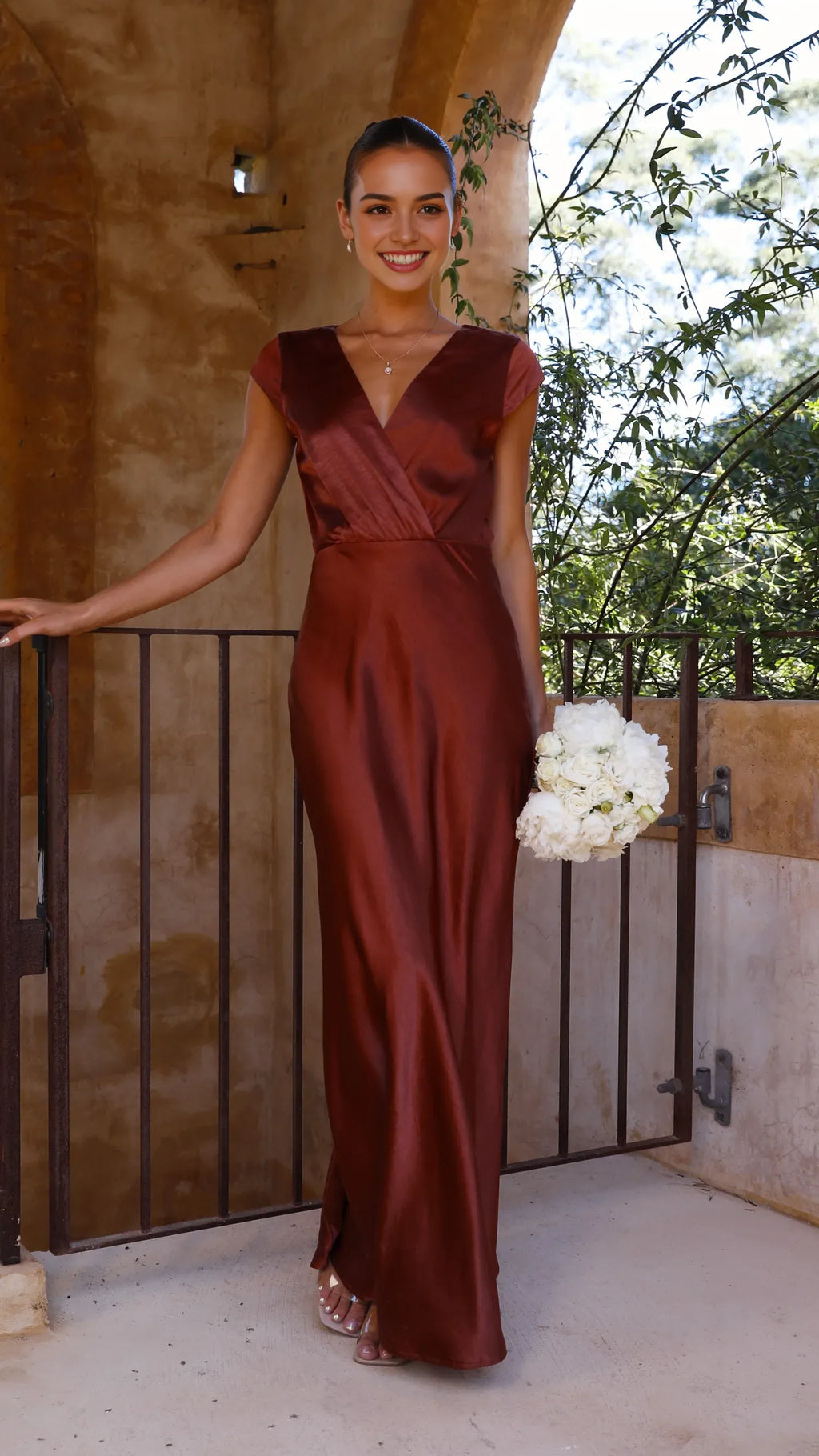 Burgundy Luxurious Prom Dress with Plunging V - Neck Cap Sleeves Wrap - Front Detail and Side Slit Exuding Opulence for Memorable Prom Nights