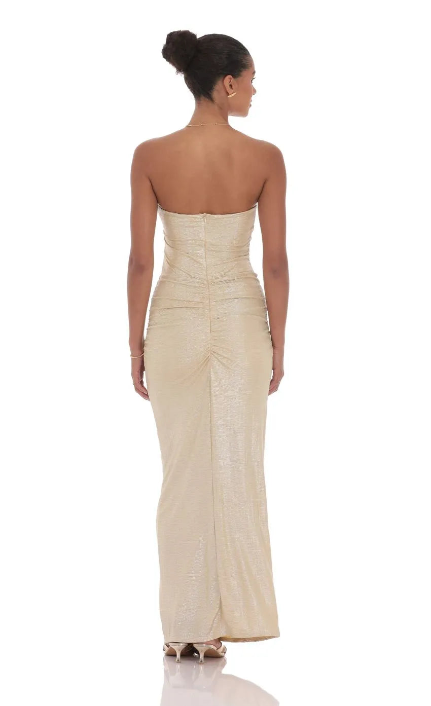 Champagne Luxurious Prom Gown Strapless Ruched Bodice Sparkling Sheen Ideal for Memorable Proms