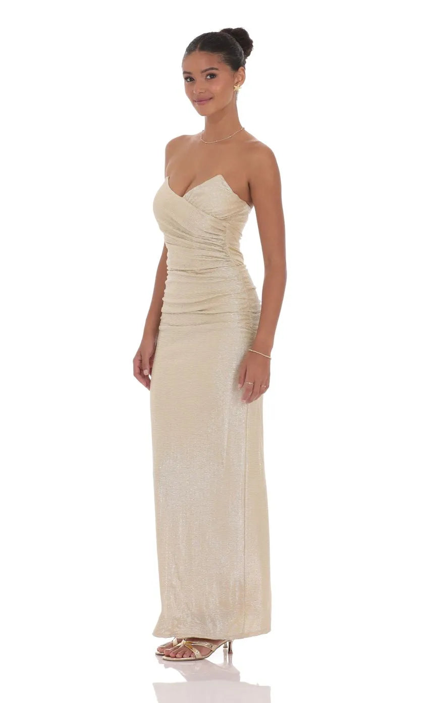 Champagne Luxurious Prom Gown Strapless Ruched Bodice Sparkling Sheen Ideal for Memorable Proms