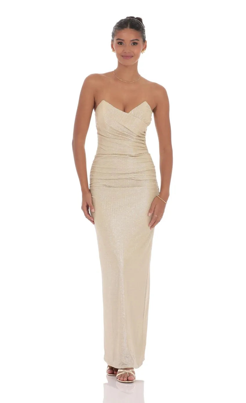 Champagne Luxurious Prom Gown Strapless Ruched Bodice Sparkling Sheen Ideal for Memorable Proms