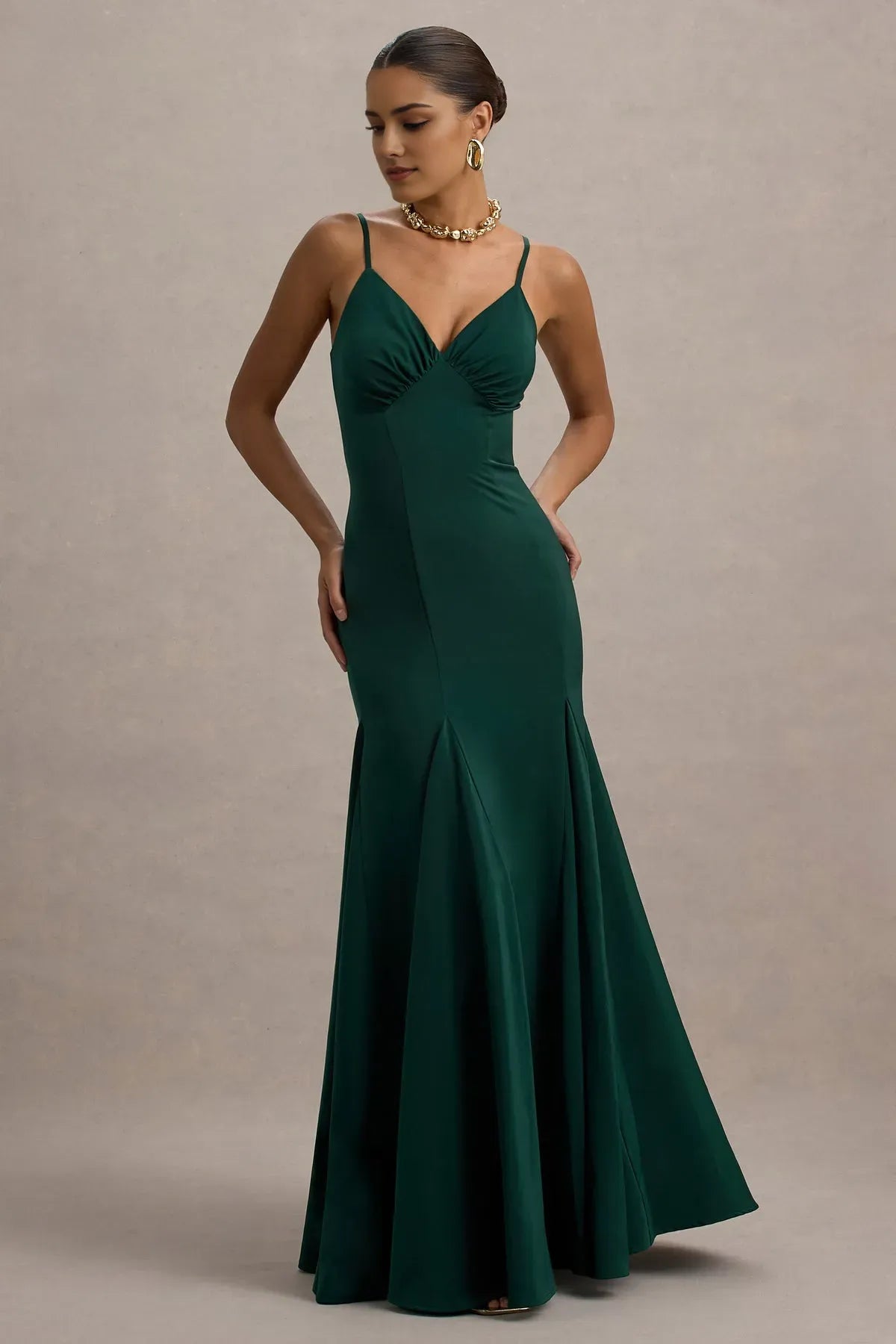 Green Luxurious Emerald Mermaid Prom Gown - Like Finish Spaghetti Straps Plunging V - Neck for a Glamorous Formal Look