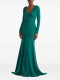 Green Luxurious Emerald Ruched Long-Sleeve Evening Dress