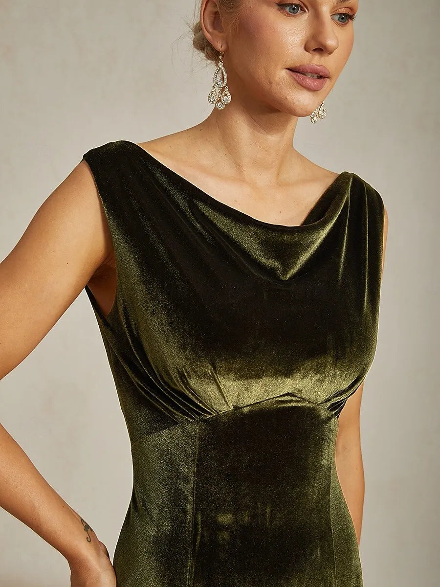Green Luxurious Mermaid Cowl Neck Sleeveless Olive Maxi Evening Dress