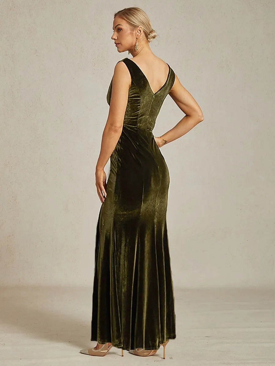 Green Luxurious Mermaid Cowl Neck Sleeveless Olive Maxi Evening Dress