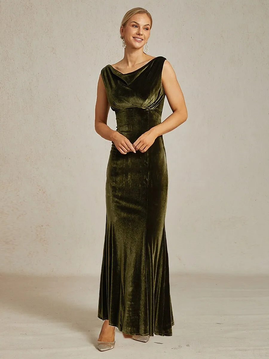 Green Luxurious Mermaid Cowl Neck Sleeveless Olive Maxi Evening Dress