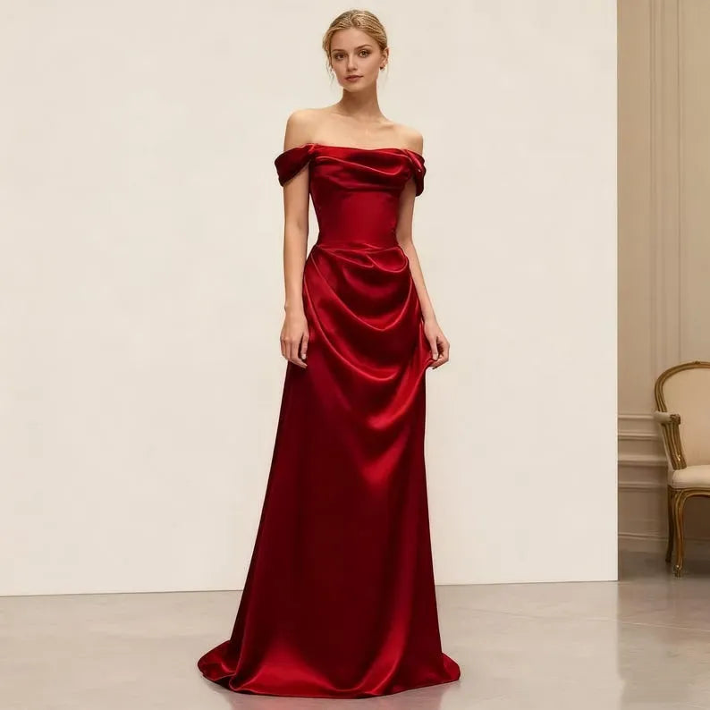 Red Luxurious Mermaid Off-Shoulder Sleeveless Back Zip Draped Floor-Length Prom Dress