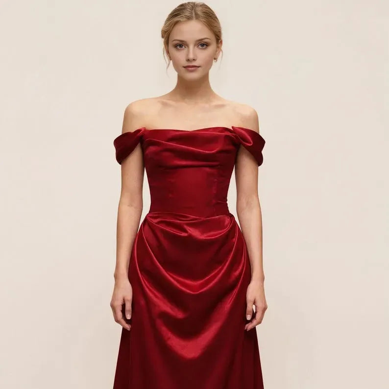 Red Luxurious Mermaid Off-Shoulder Sleeveless Back Zip Draped Floor-Length Prom Dress