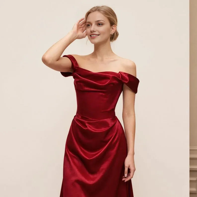 Red Luxurious Mermaid Off-Shoulder Sleeveless Back Zip Draped Floor-Length Prom Dress