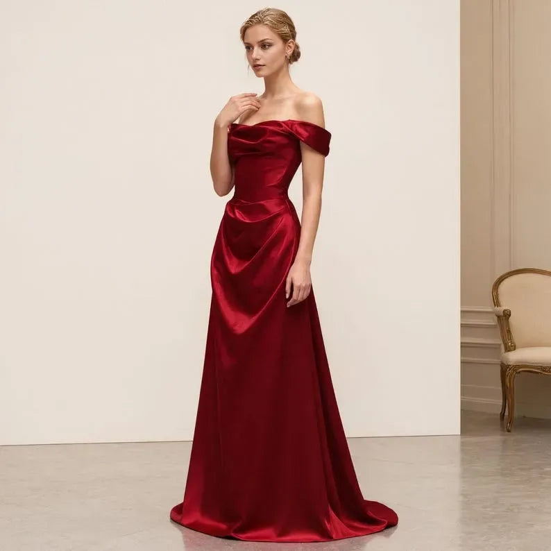 Red Luxurious Mermaid Off-Shoulder Sleeveless Back Zip Draped Floor-Length Prom Dress