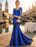 Blue Luxurious Mermaid Round Neck 3/4-sleeved Royal Maxi Prom Dress for Women Hot Sale