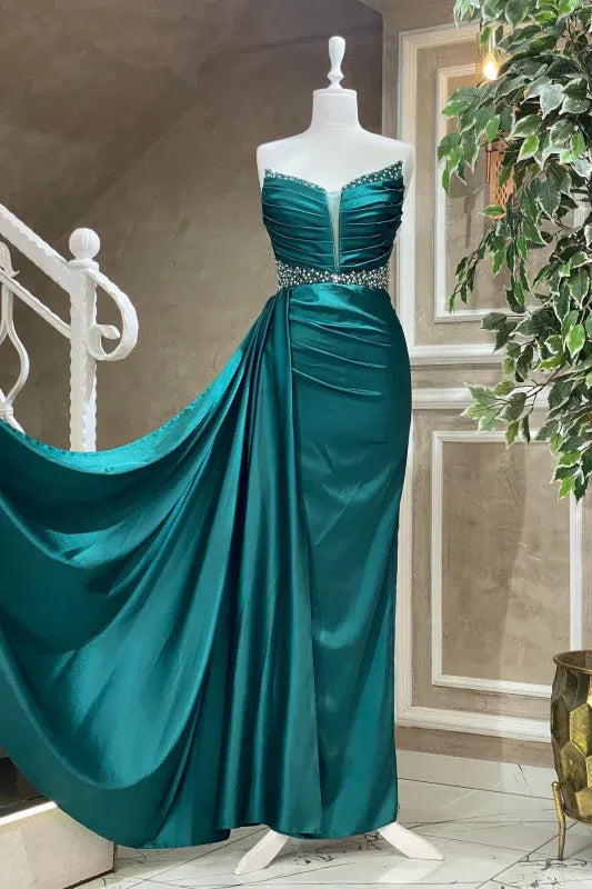 Teal Luxurious Mermaid Sweetheart Sleeveless Beaded Floor-length Prom Dress