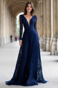 Navy Luxurious A-Line Deep V-Neck Lace-Long-Sleeve Open-Back Floor-Length Mother Of The Bride Dresses