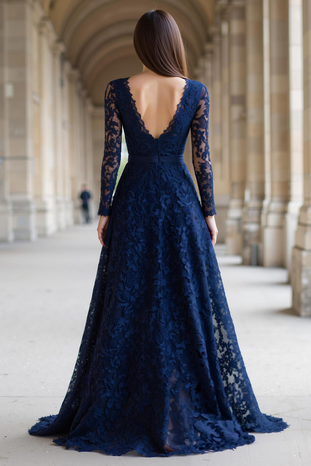 Navy Luxurious A-Line Deep V-Neck Lace-Long-Sleeve Open-Back Floor-Length Mother Of The Bride Dresses