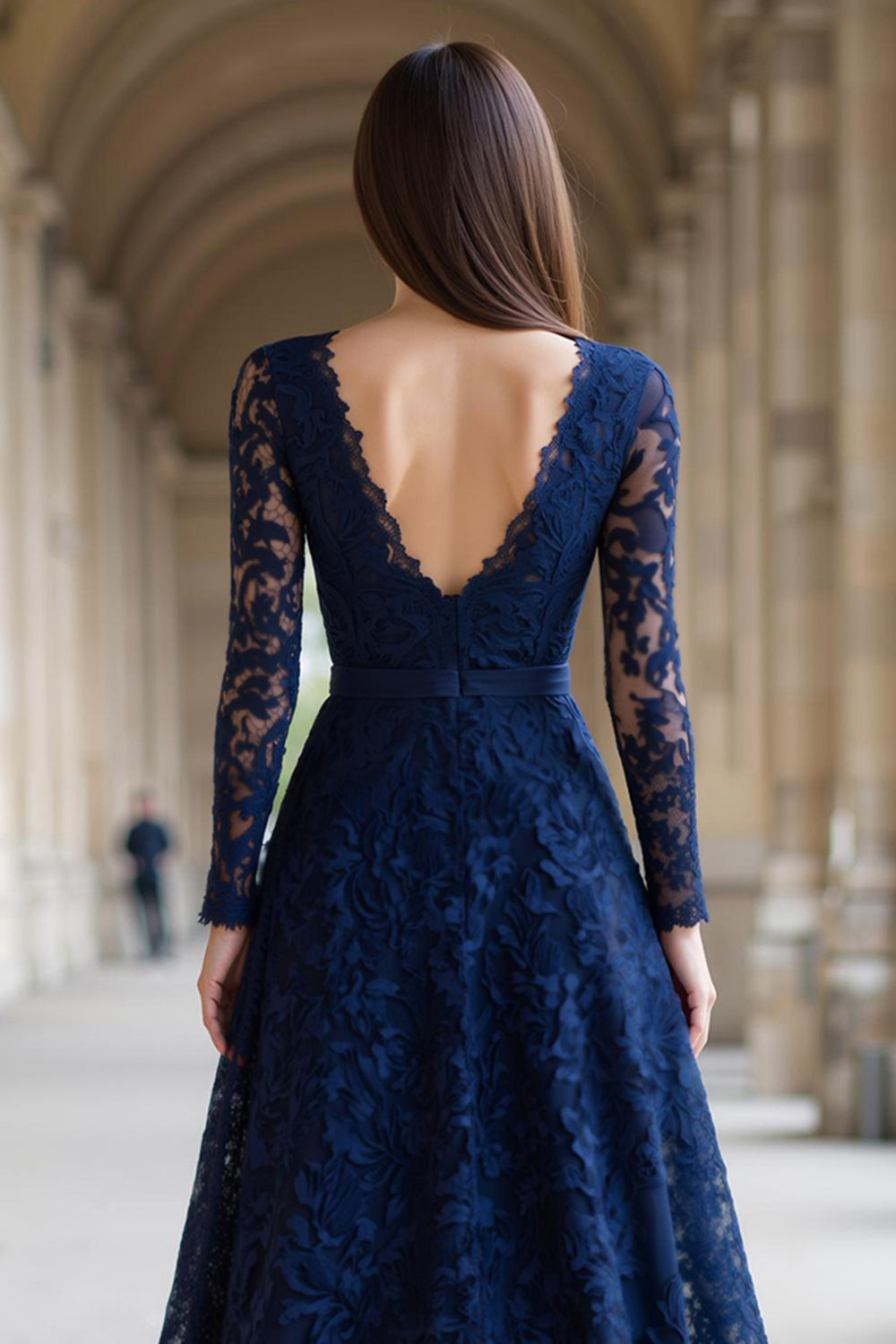 Navy Luxurious A-Line Deep V-Neck Lace-Long-Sleeve Open-Back Floor-Length Mother Of The Bride Dresses