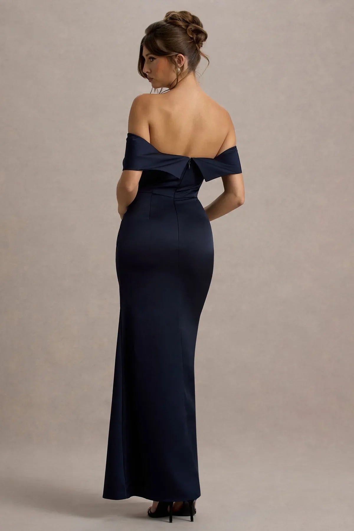 Navy Blue Luxurious Off Shoulder Gown Draped Ruches Side Slit Mermaid Fit for Proms Black Tie Events