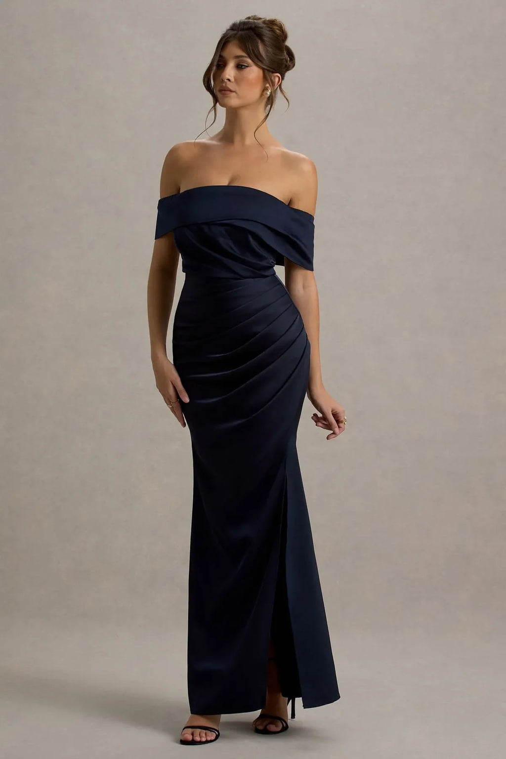 Navy Blue Luxurious Off Shoulder Gown Draped Ruches Side Slit Mermaid Fit for Proms Black Tie Events
