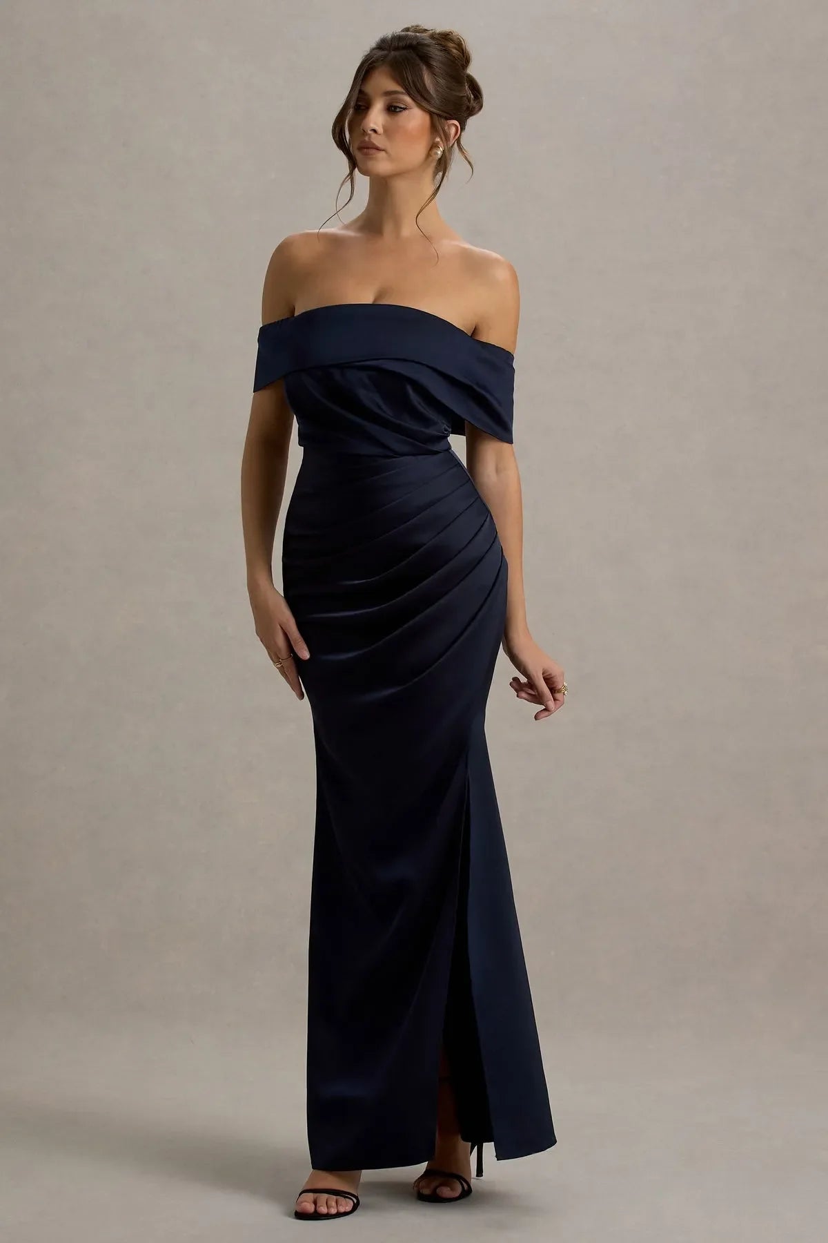 Navy Blue Luxurious Off Shoulder Gown Draped Ruches Side Slit Mermaid Fit for Proms Black Tie Events