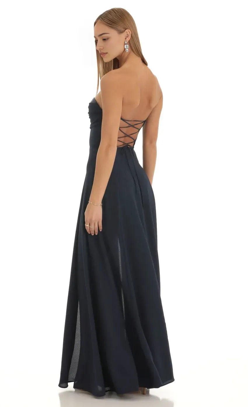 Navy Luxurious Strapless Prom Dress with Shimmering Top High Thigh Double Slits