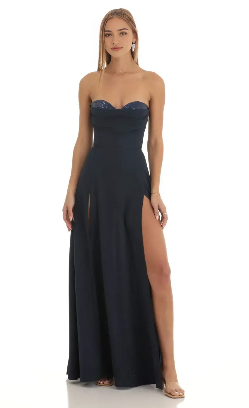 Navy Luxurious Strapless Prom Dress with Shimmering Top High Thigh Double Slits