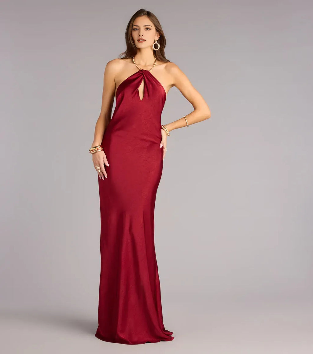 Red Luxurious Sheath Halter-Neck Chain-Strap Open-Back Floor-Length Prom Dress