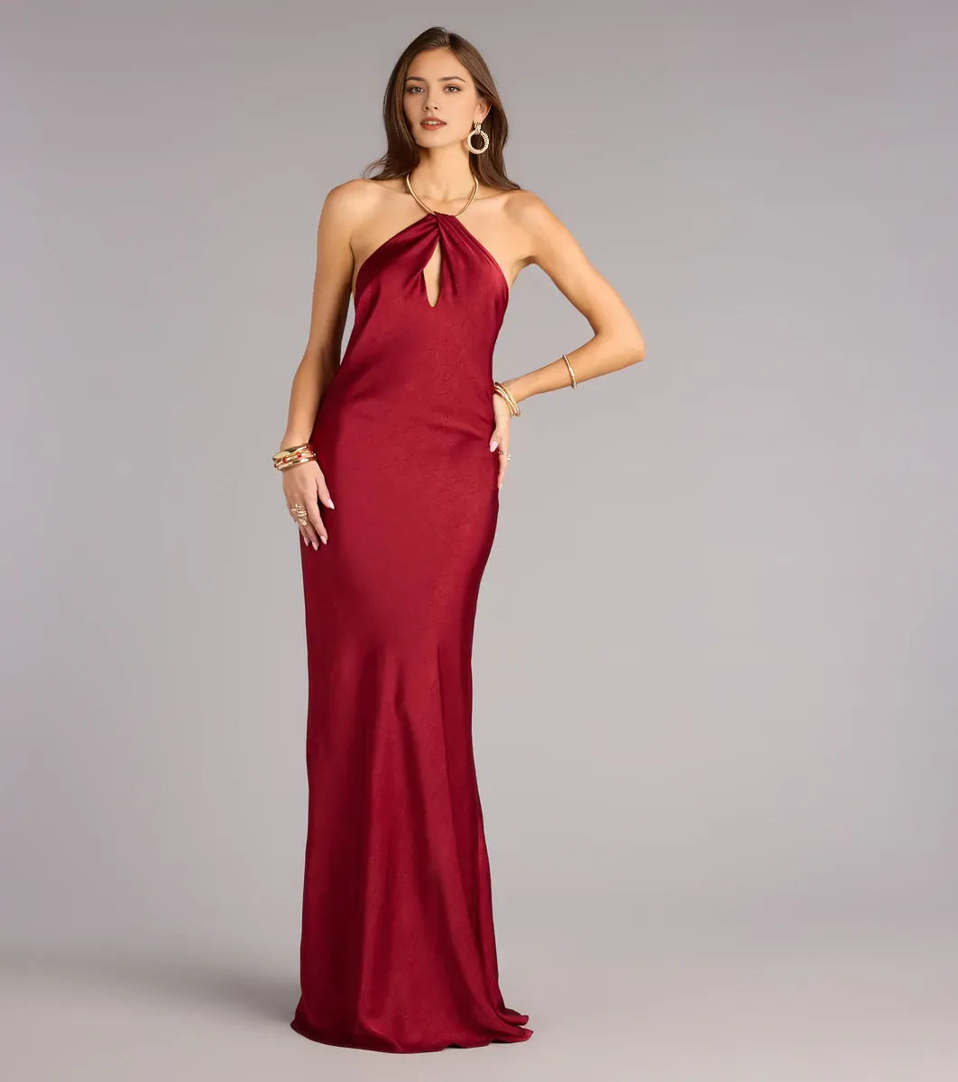 Red Luxurious Sheath Halter-Neck Chain-Strap Open-Back Floor-Length Prom Dress