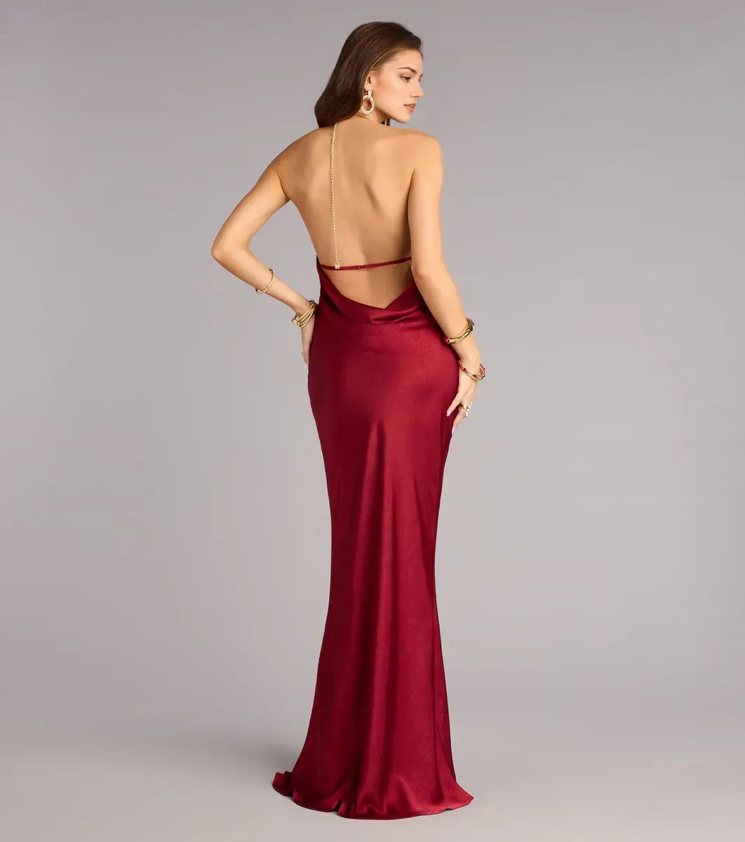 Red Luxurious Sheath Halter-Neck Chain-Strap Open-Back Floor-Length Prom Dress