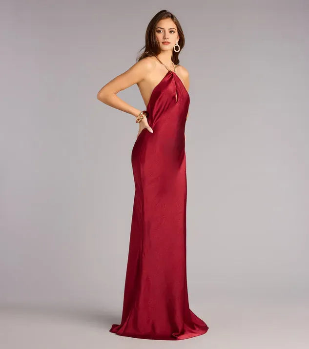 Red Luxurious Sheath Halter-Neck Chain-Strap Open-Back Floor-Length Prom Dress