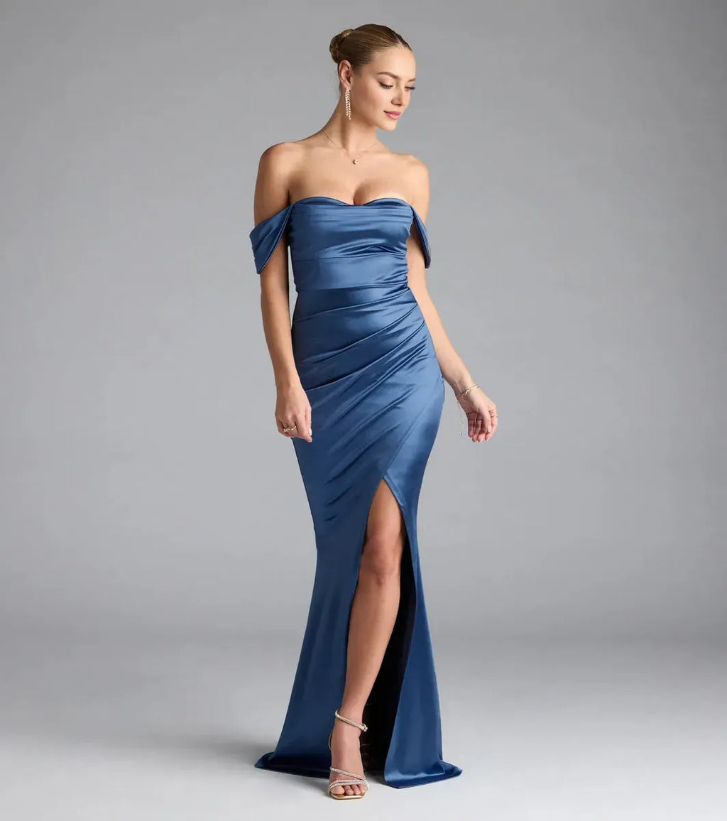 Teal Luxurious Mermaid Off-the-Shoulder Sleeveless Back Zip Floor-Length pleated Prom Dresses with Slit