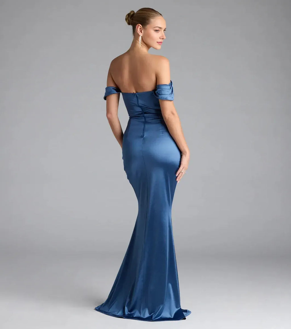 Teal Luxurious Mermaid Off-the-Shoulder Sleeveless Back Zip Floor-Length pleated Prom Dresses with Slit