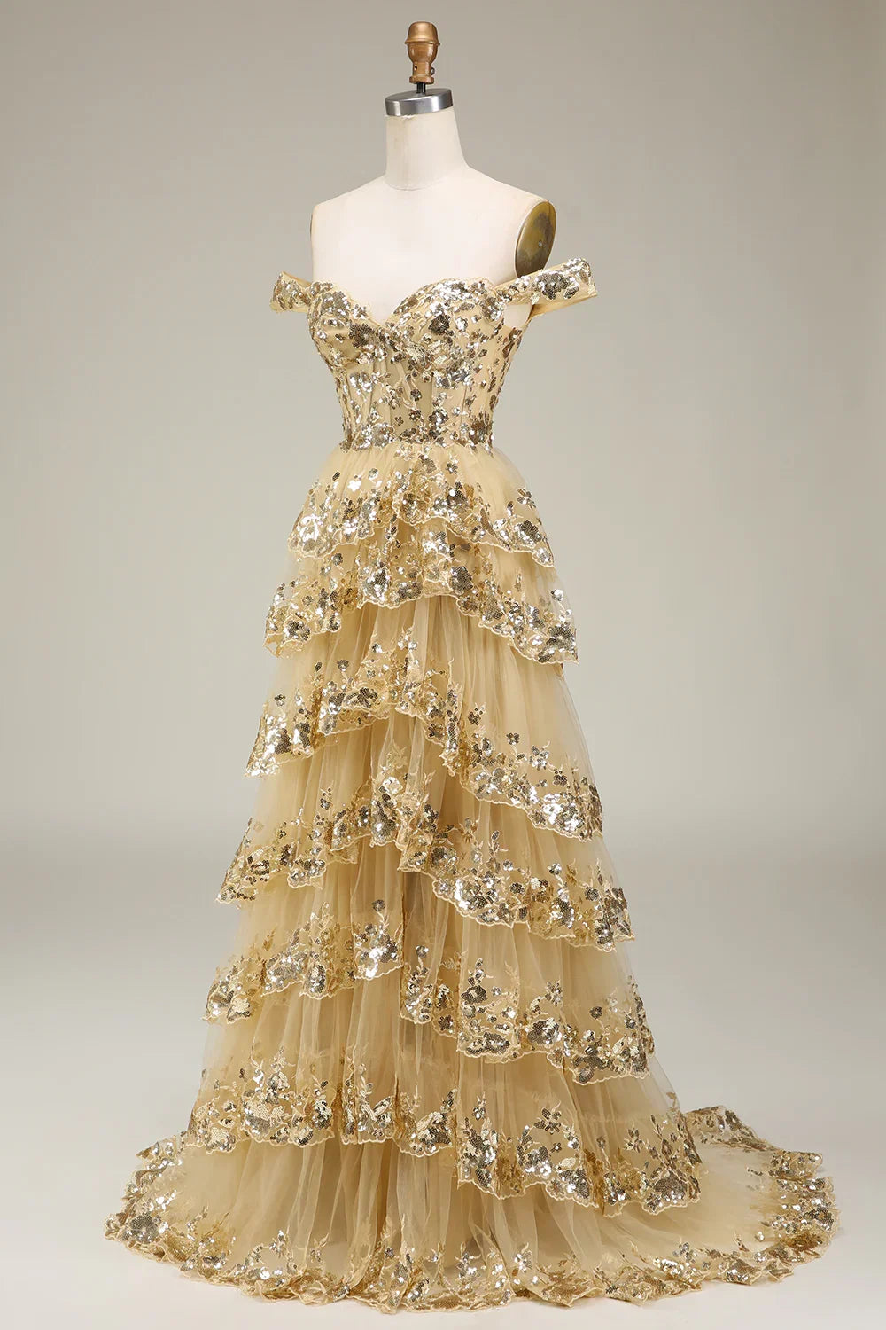 Luxurious Tiered Off-the-Shoulder Champagne Long Prom Dress