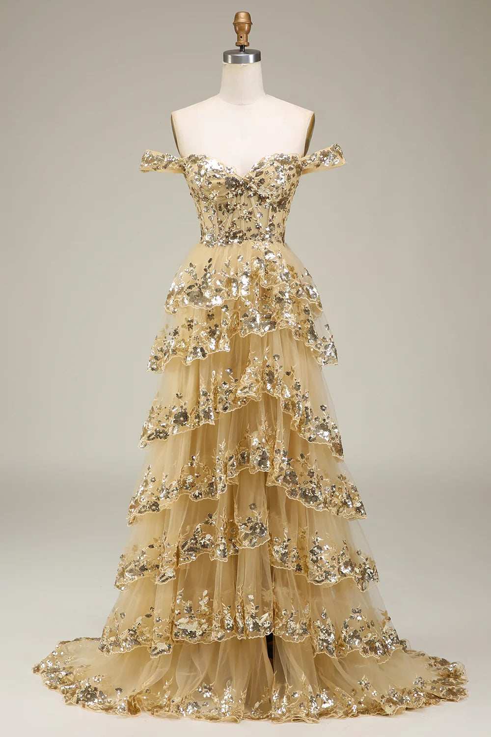 Luxurious Tiered Off-the-Shoulder Champagne Long Prom Dress