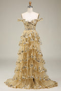 Luxurious Tiered Off-the-Shoulder Champagne Long Prom Dress
