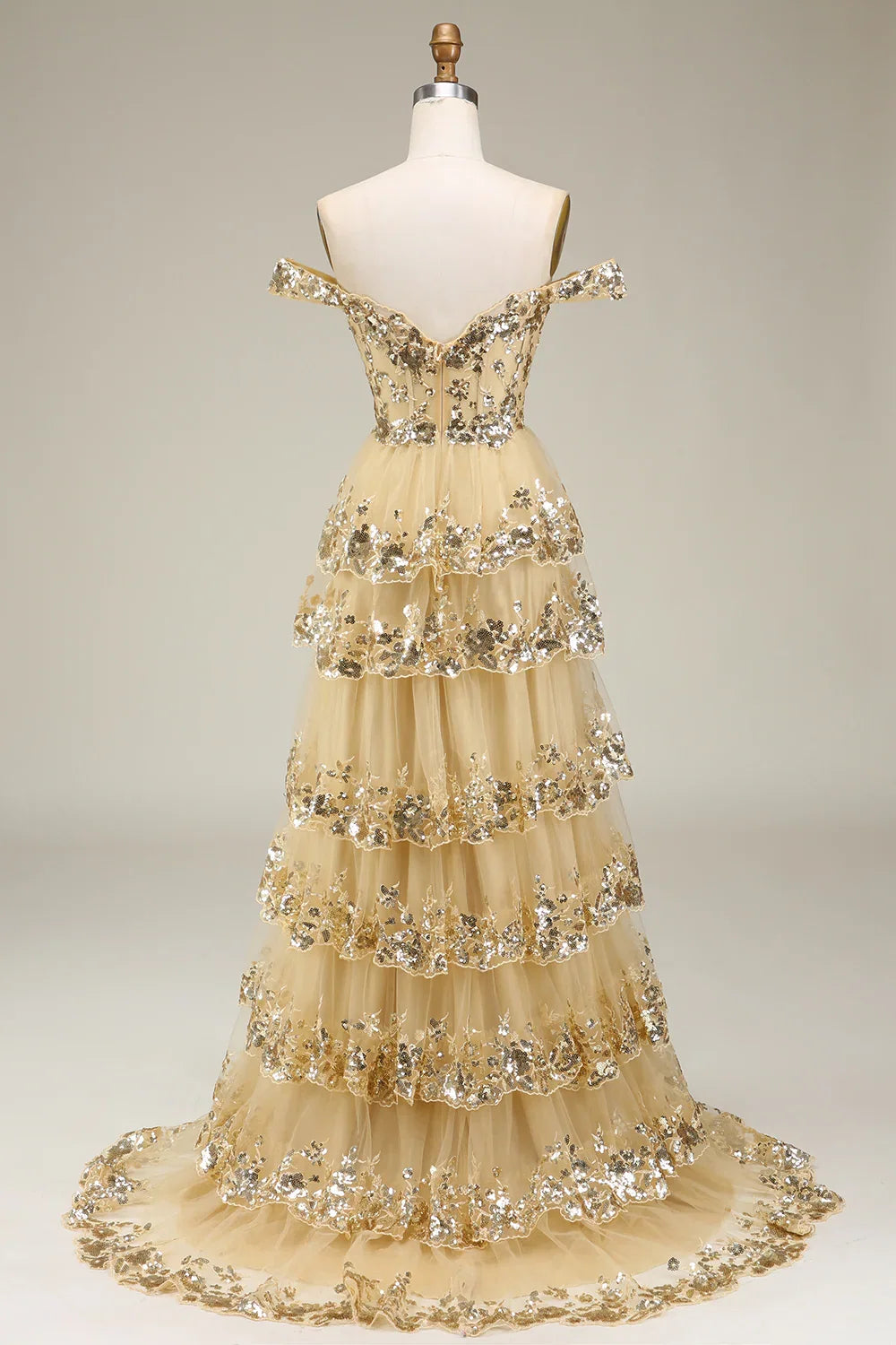 Luxurious Tiered Off-the-Shoulder Champagne Long Prom Dress