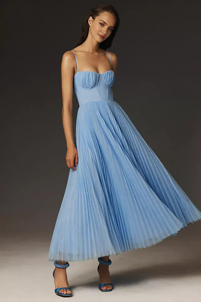Luxury A-Line Sweetheart Neckline Spaghetti Straps Pleated Back Zip Floor-Length Prom Dress