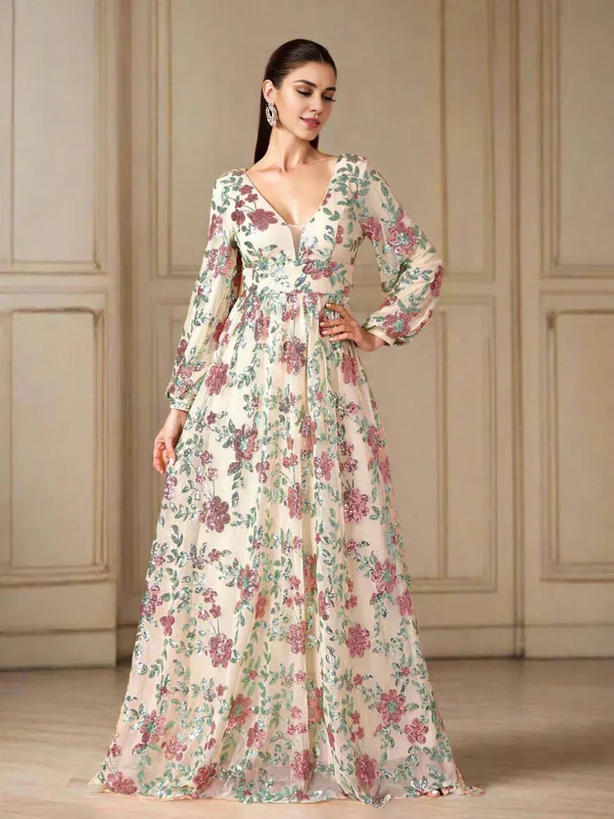 Refined Elegant Blush Pink Sequin A-Line V-Neck Long Sleeve Floor-Length Prom Dress