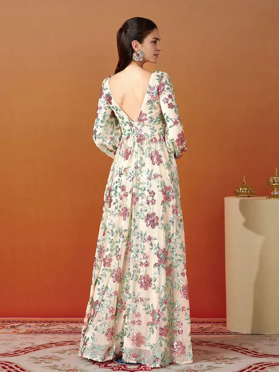 Refined Elegant Blush Pink Sequin A-Line V-Neck Long Sleeve Floor-Length Prom Dress