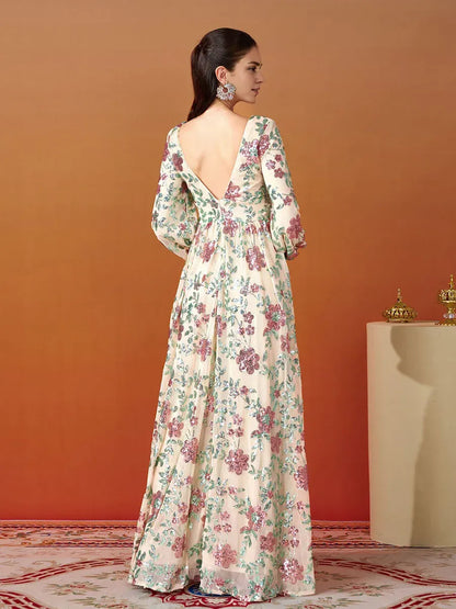 Refined Elegant Blush Pink Sequin A-Line V-Neck Long Sleeve Floor-Length Prom Dress