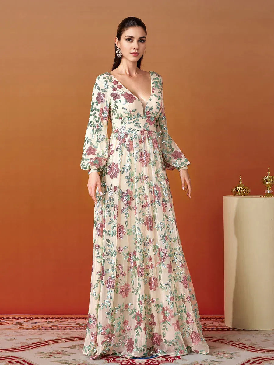 Refined Elegant Blush Pink Sequin A-Line V-Neck Long Sleeve Floor-Length Prom Dress