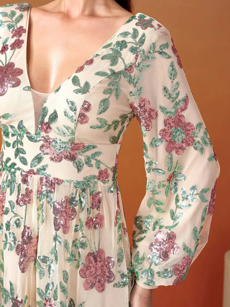 Refined Elegant Blush Pink Sequin A-Line V-Neck Long Sleeve Floor-Length Prom Dress