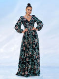 Refined Elegant Blush Pink Sequin A-Line V-Neck Long Sleeve Floor-Length Prom Dress