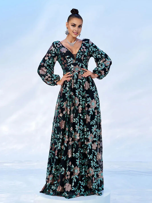Refined Elegant Blush Pink Sequin A-Line V-Neck Long Sleeve Floor-Length Prom Dress