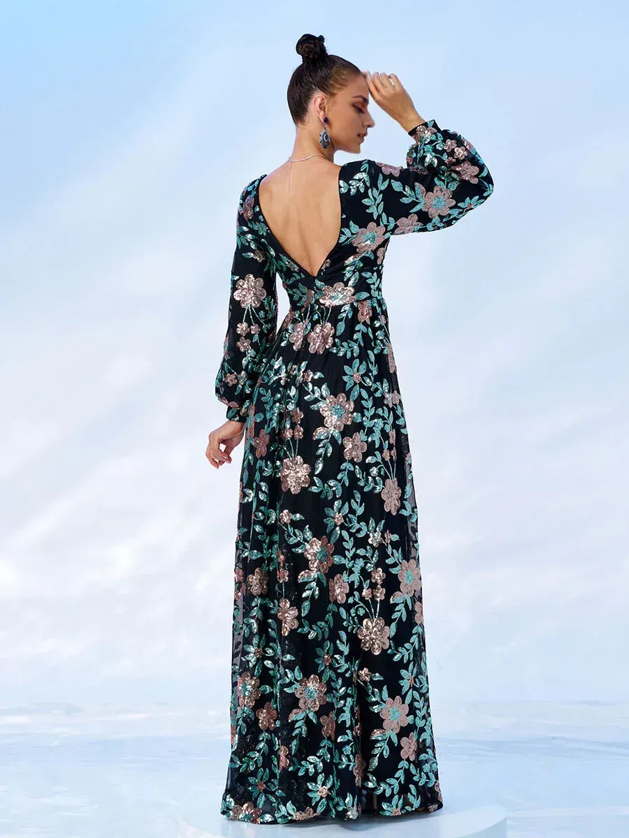 Refined Elegant Blush Pink Sequin A-Line V-Neck Long Sleeve Floor-Length Prom Dress