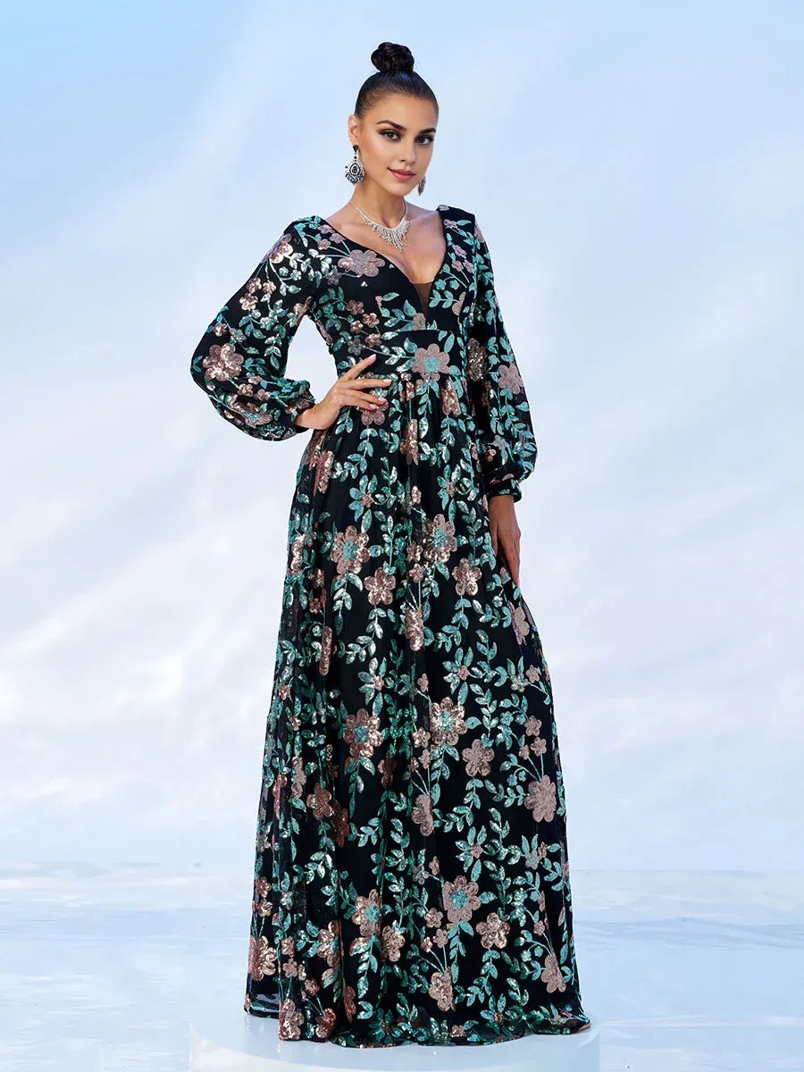 Refined Elegant Blush Pink Sequin A-Line V-Neck Long Sleeve Floor-Length Prom Dress