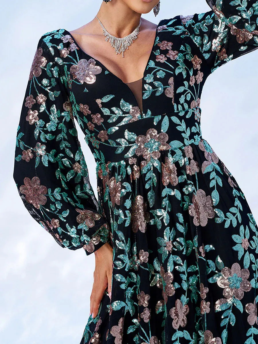 Refined Elegant Blush Pink Sequin A-Line V-Neck Long Sleeve Floor-Length Prom Dress