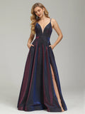 Timeless Chic Elegant Navy Blue Glitter A-Line V-Neck Sleeveless Floor-Length Prom Dress