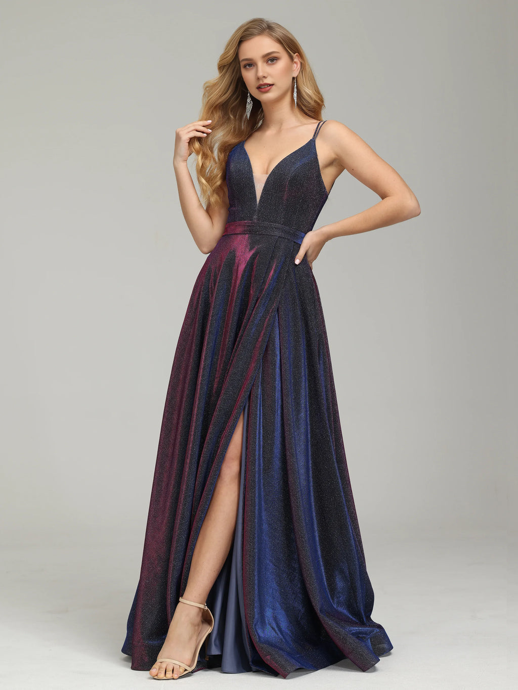 Timeless Chic Elegant Navy Blue Glitter A-Line V-Neck Sleeveless Floor-Length Prom Dress