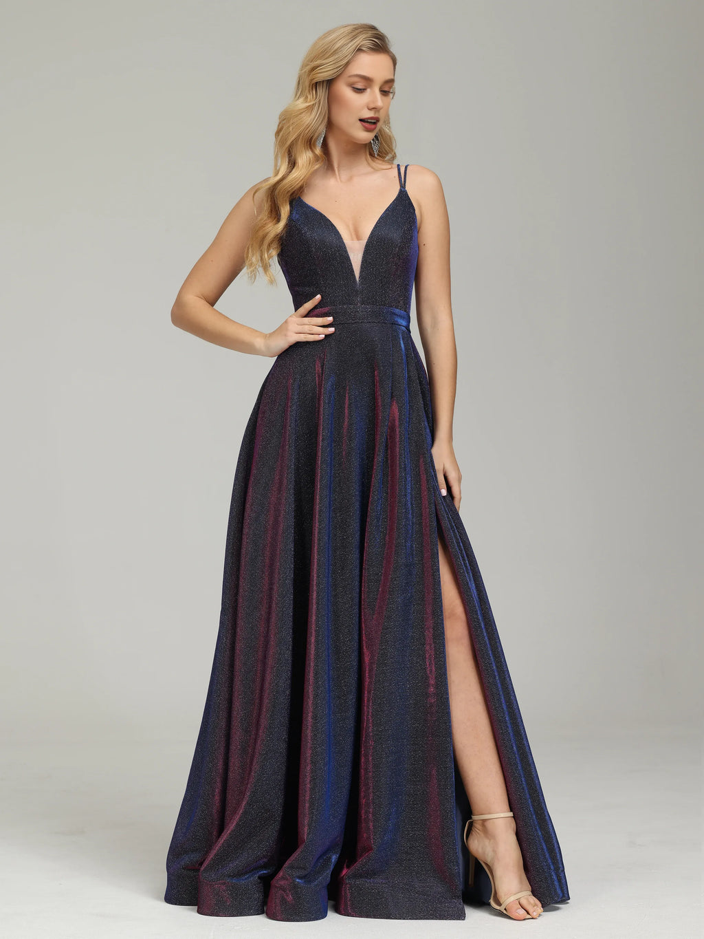 Timeless Chic Elegant Navy Blue Glitter A-Line V-Neck Sleeveless Floor-Length Prom Dress