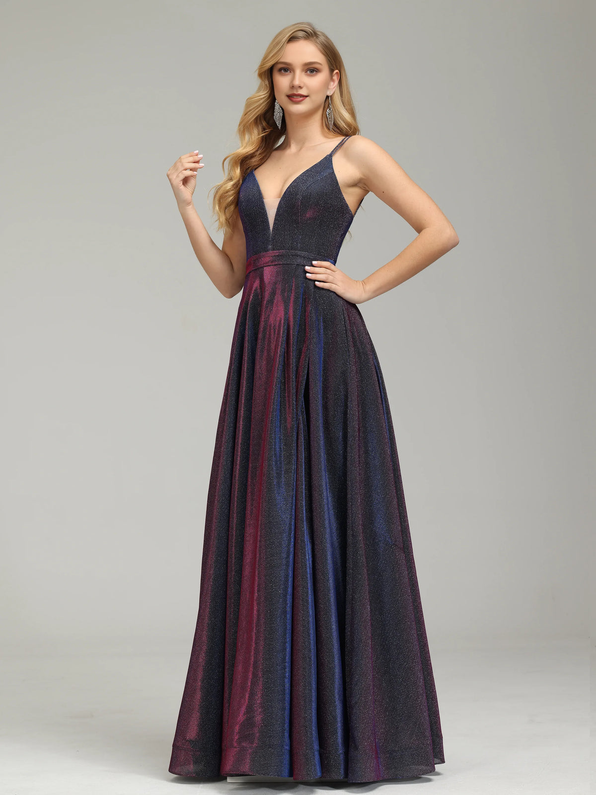 Timeless Chic Elegant Navy Blue Glitter A-Line V-Neck Sleeveless Floor-Length Prom Dress