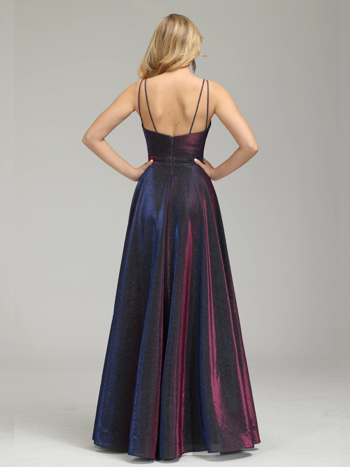 Timeless Chic Elegant Navy Blue Glitter A-Line V-Neck Sleeveless Floor-Length Prom Dress