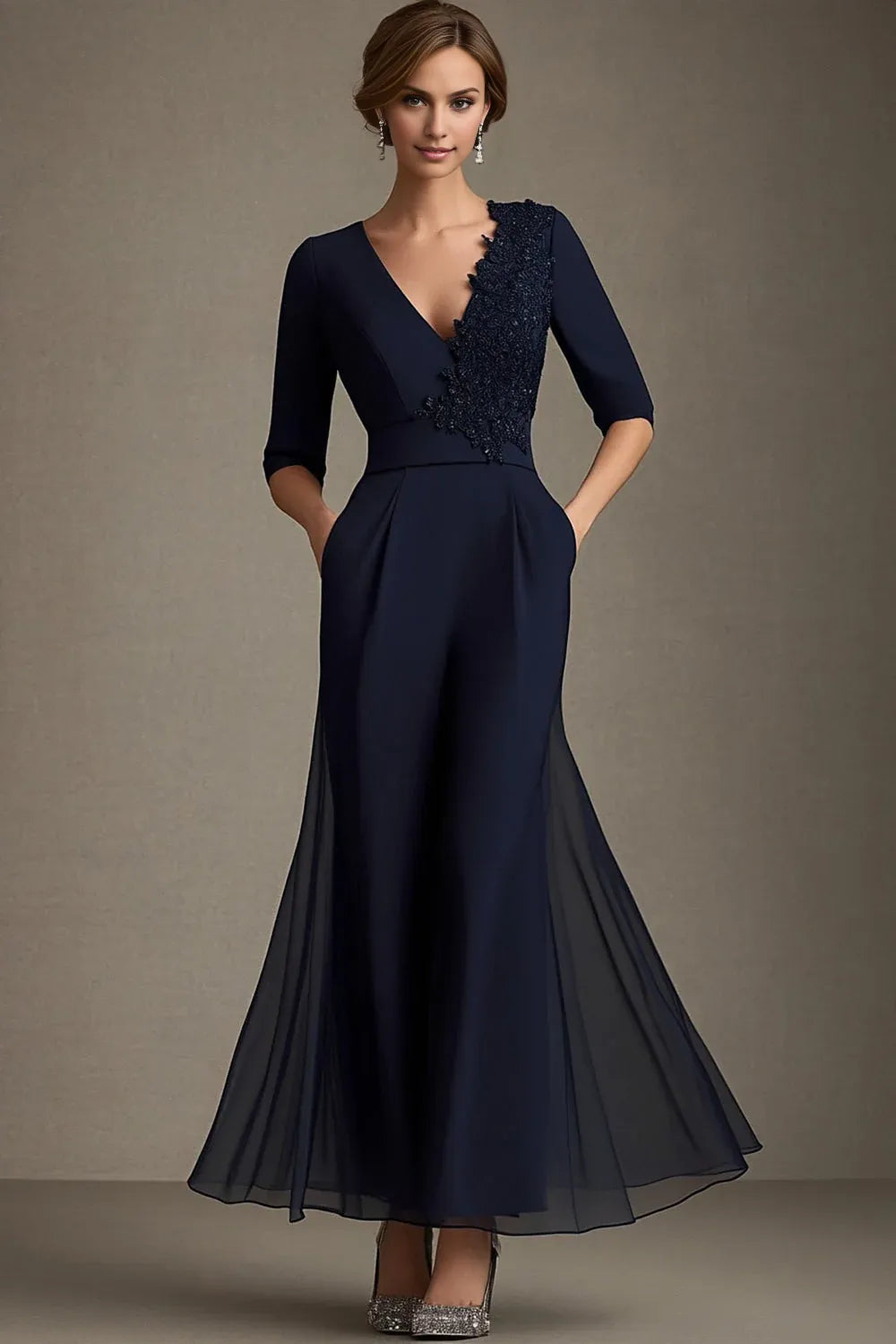 Elegant Navy Blue Chiffon A-Line Short Sleeve Floor-Length Mother of the Bride Dress